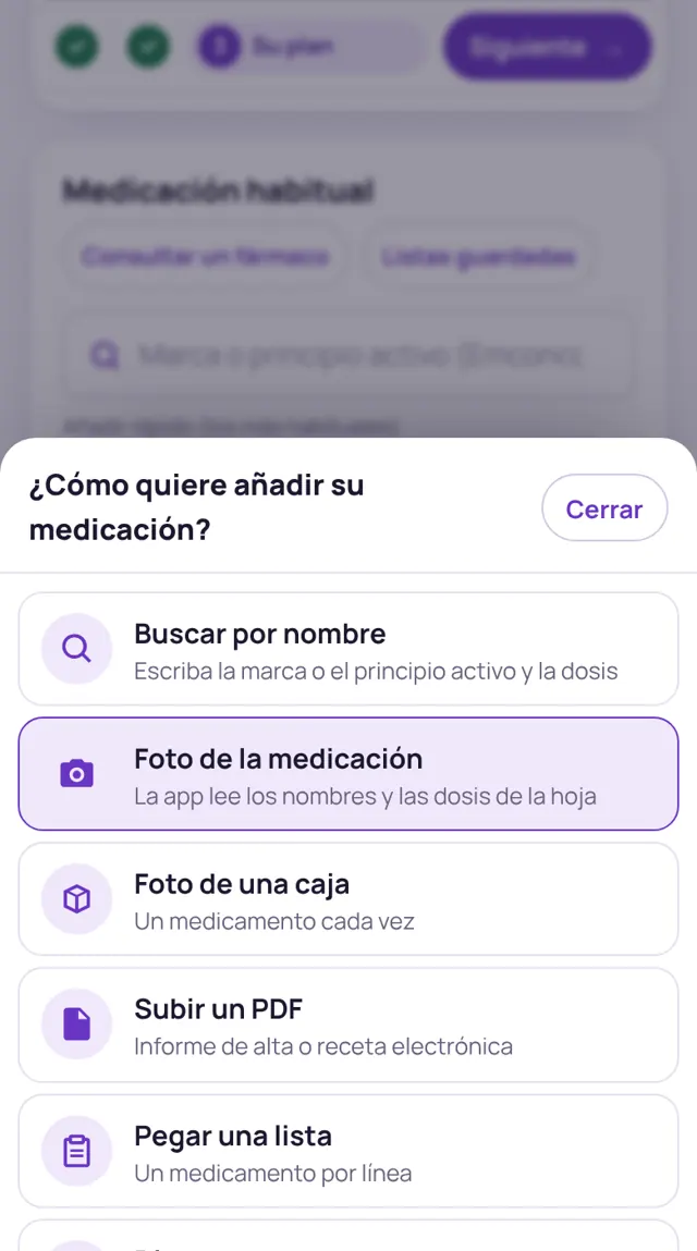 Hoja con las formas de añadir medicación: buscar, foto, caja, PDF, pegar, dictar