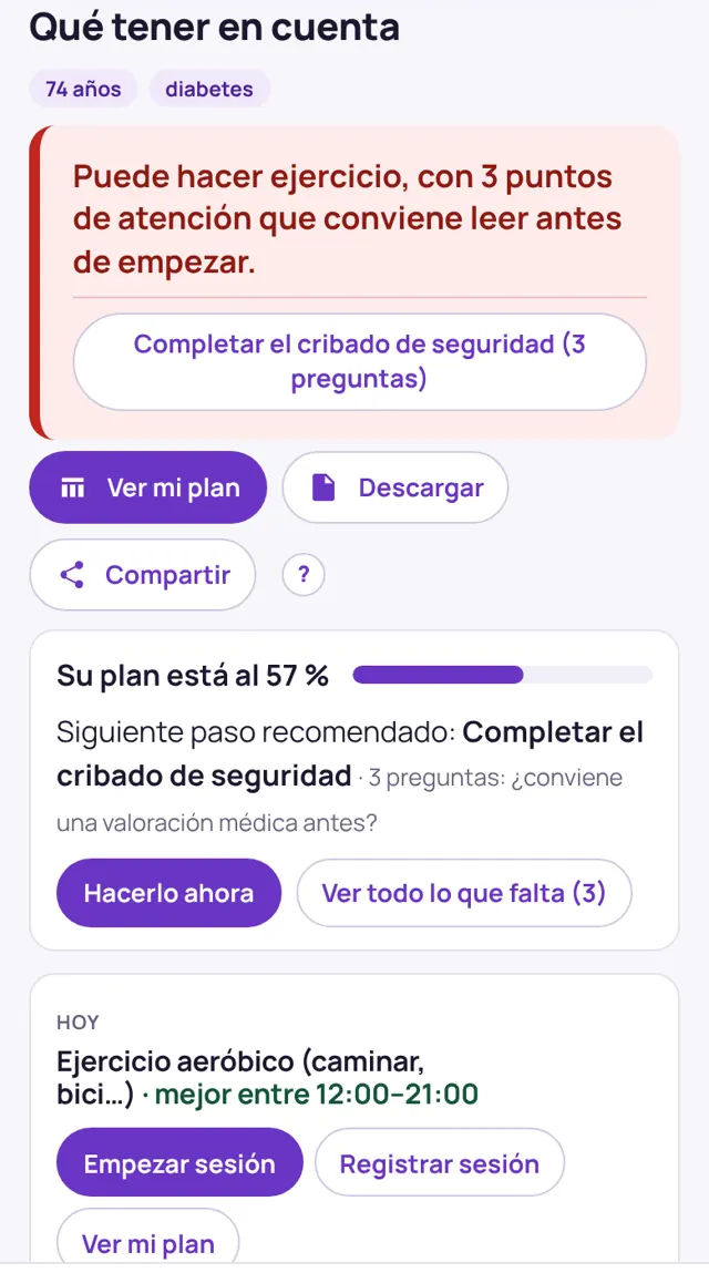 Veredicto con acciones y medidor de completitud del plan