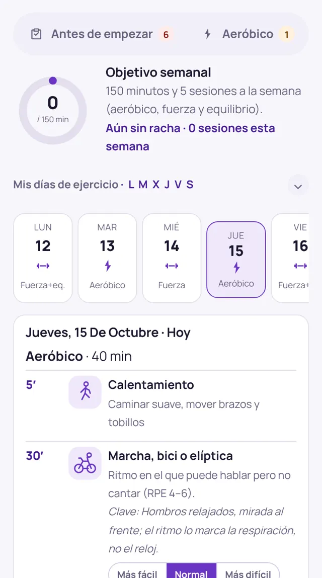 Pestaña Mi plan con los días de ejercicio y la sesión del día