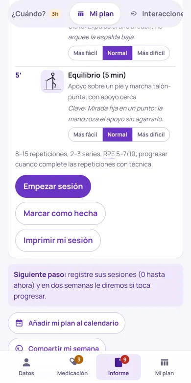 Pestaña «Mi plan» con la sesión del día y sus ejercicios ilustrados