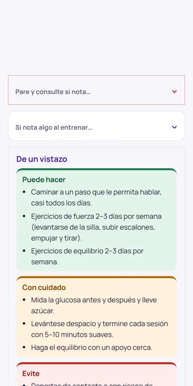 Pantalla del informe en el móvil: «De un vistazo» con lo que puede hacer, con cuidado y evitar
